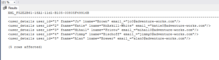 Tipo di dati da tabella a XML
