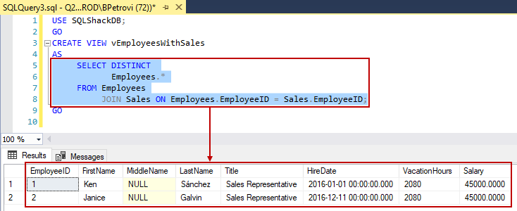 The results returned by SELECT part of the CREATE VIEW SQL script
