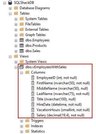 The view in Object Explorer as a result of a successfully executed CREATE VIEW SQL statement 