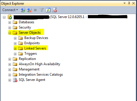 this image shows how to navigate to Linked servers folder in the Object explorer