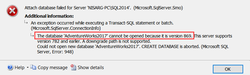 Cannot attach the higher version database 