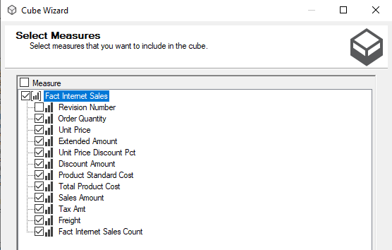 Choose Measure Tables for the OLAP Cube.