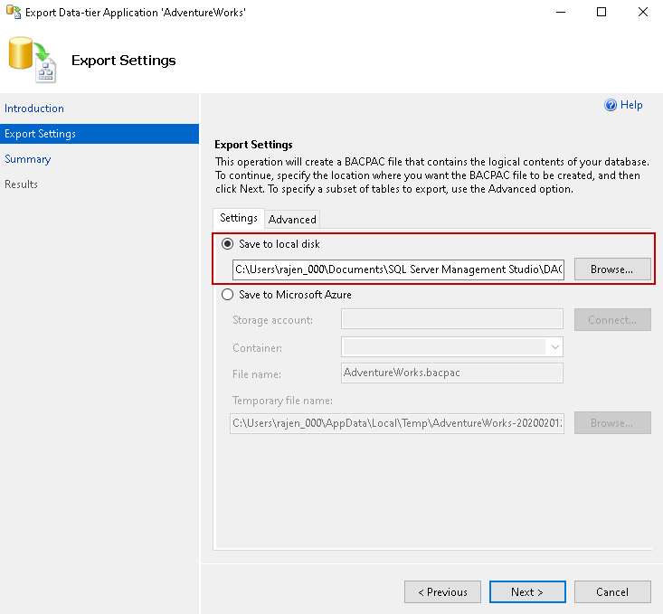 configure either a local disk directory or Microsoft Azure storage container