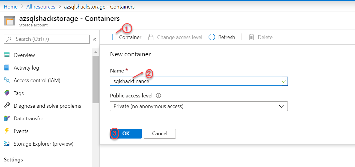 Creating a container in Azure Storage account.
