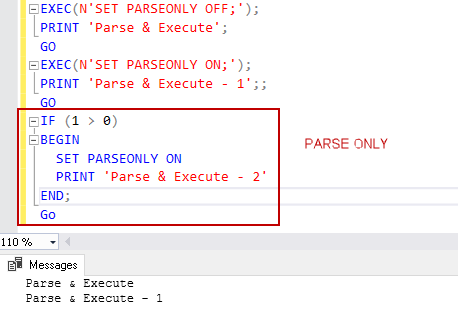 dynamic execution conditions for PARSEONLY SQL command 