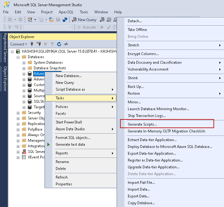 Methods script SQL Server database objects