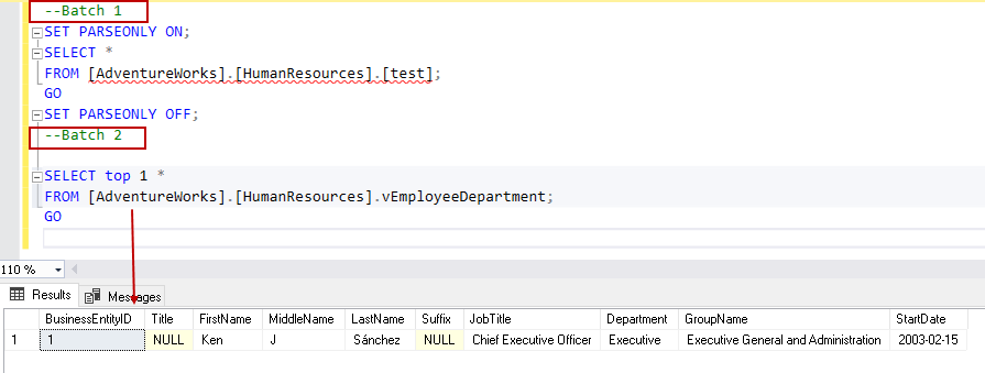 Multiple batches in PARSEONLY SQL command 