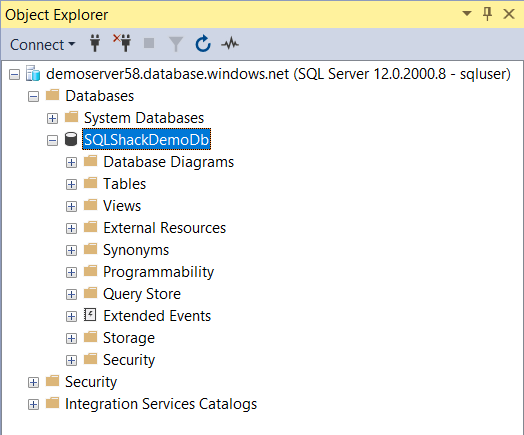 Object Explorer view of the Azure SQL on SSMS