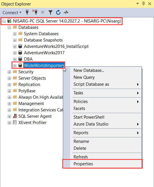 Open database properties