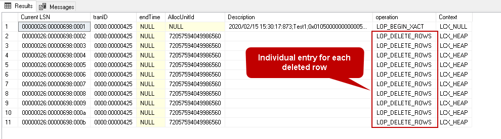 Output of fn_dblog for delete transaction