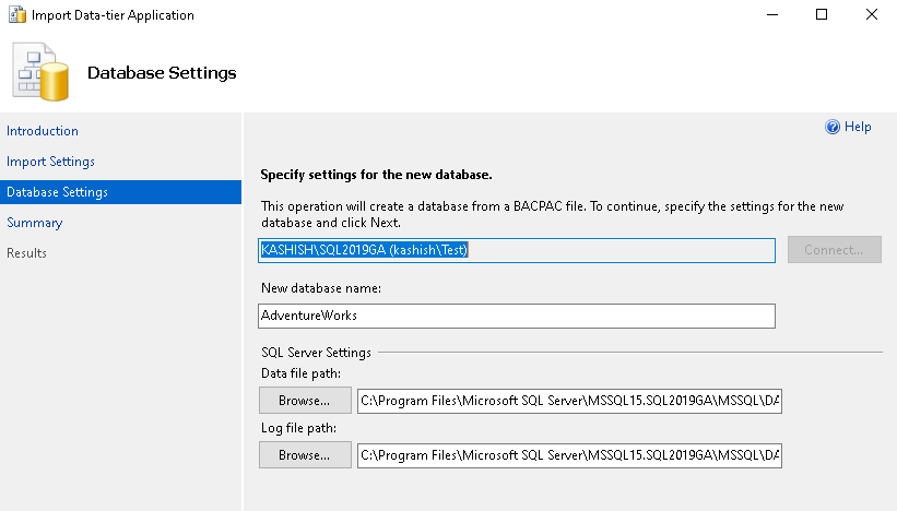 specify a setting for the new SQL database