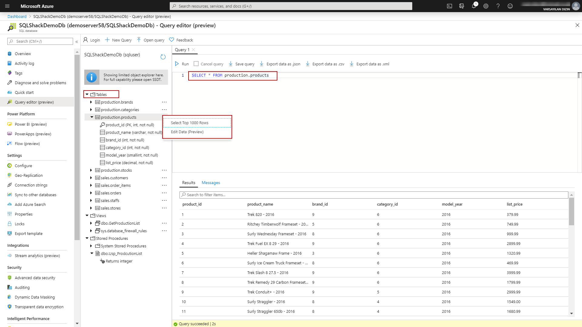 SQL Database Query Editor on Azure