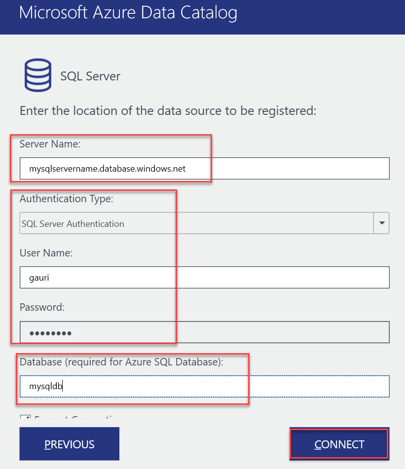 SQL Server details.