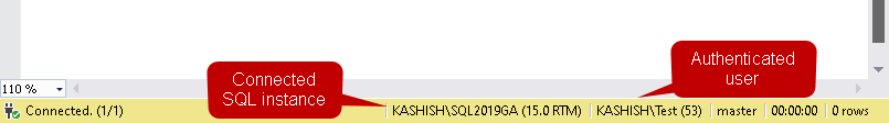 Status bar of SSMS