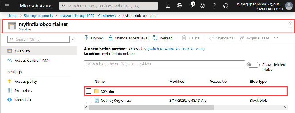 Viewing the directory on the Azure blob storage container