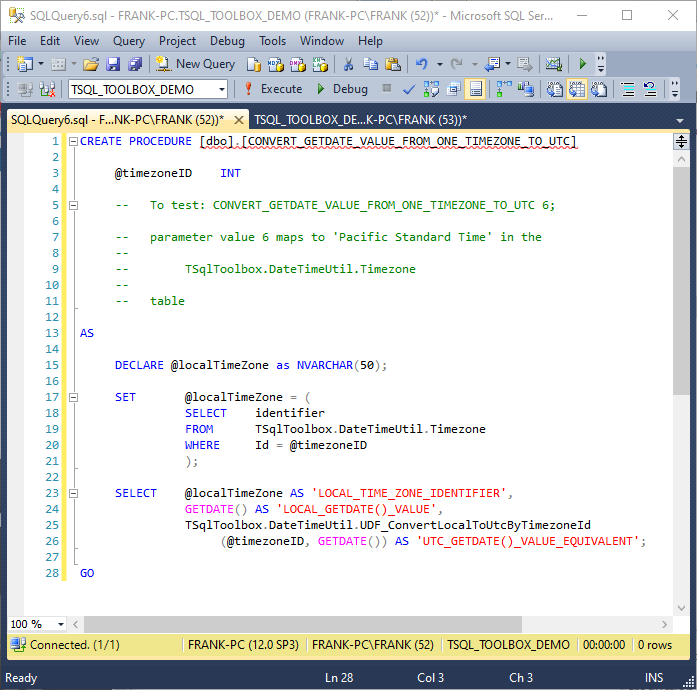 A user-defined function that shows how to call T-SQL Toolbox database functions.