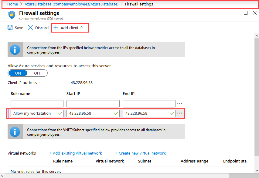 Add firewall rule to access Azure SQL Database