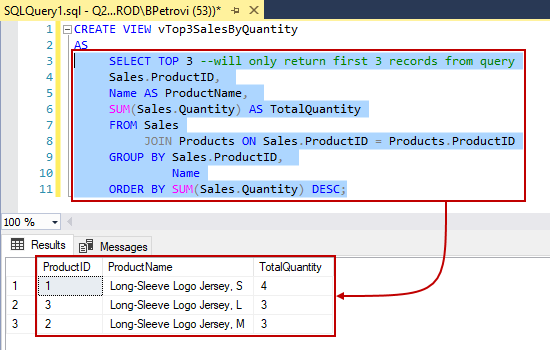 An executed CREATE VIEW SQL script showing data returned only for the SELECT statement in SSMS