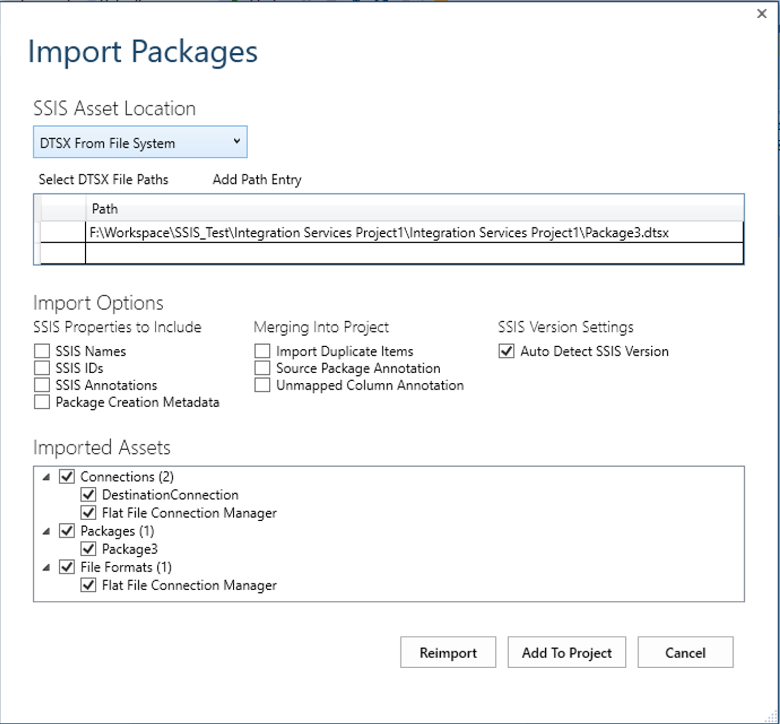 BimlExpress Import packages tool showing package assets