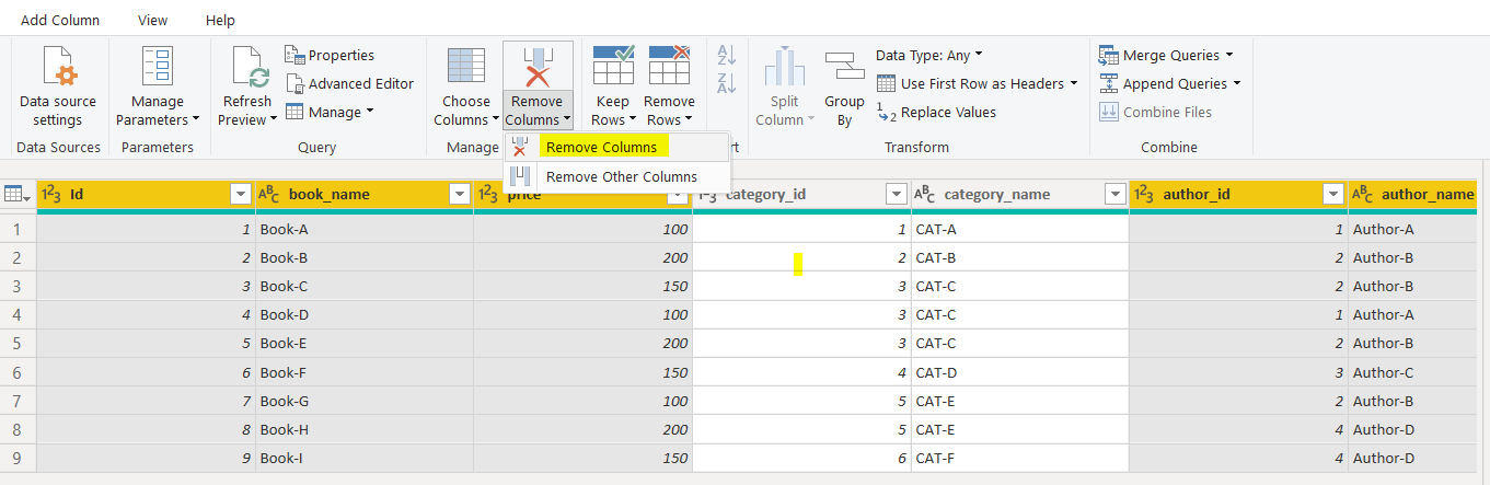 Clicking to remove columns from a dimension table