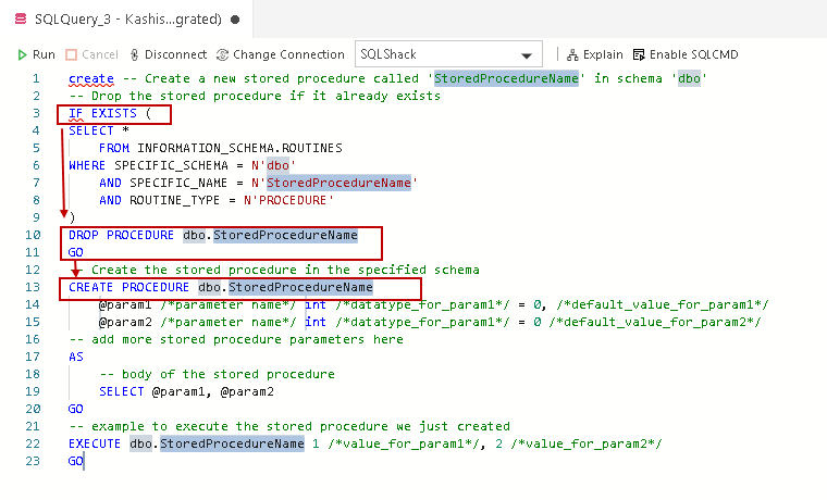 Code Snippet for SQL database  in Azure Data Studio 