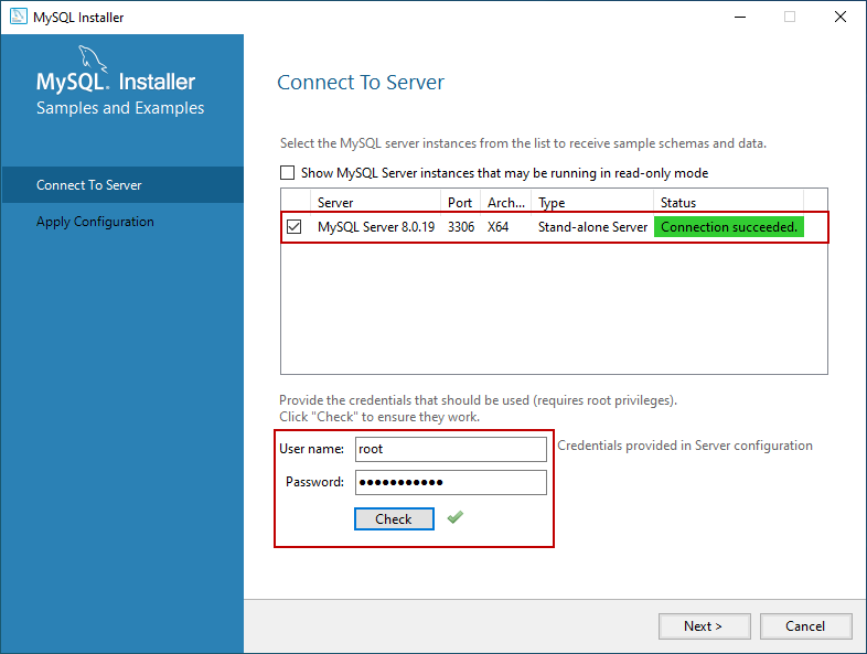 Connect the server to install sample database