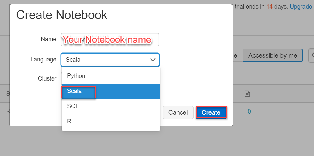 Create a notebook in databricks.