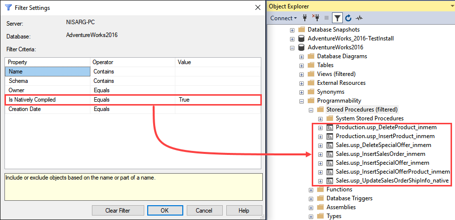 Filter settings for Stored Procedures