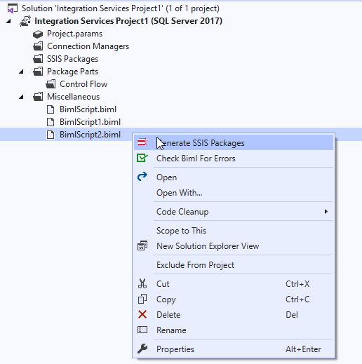 Generating SSIS packages from Biml script