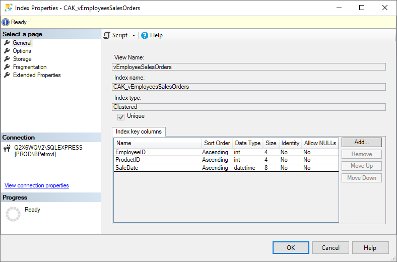 Index Properties window of the view that was previously created using the CREATE VIEW SQL statement showing general information of the index