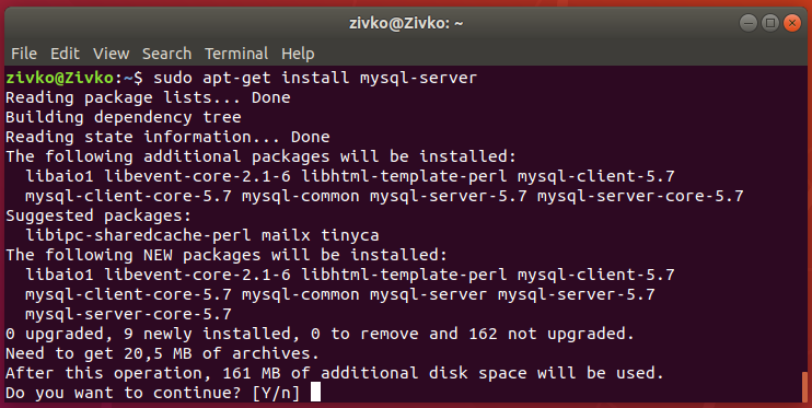 Linux Ubuntu 18.4  terminal - installation of the MySQL server