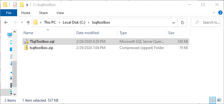 Place the TSqlToolbox.sql file in a directory. This SQL script will build the T-SQL Toolbox database.