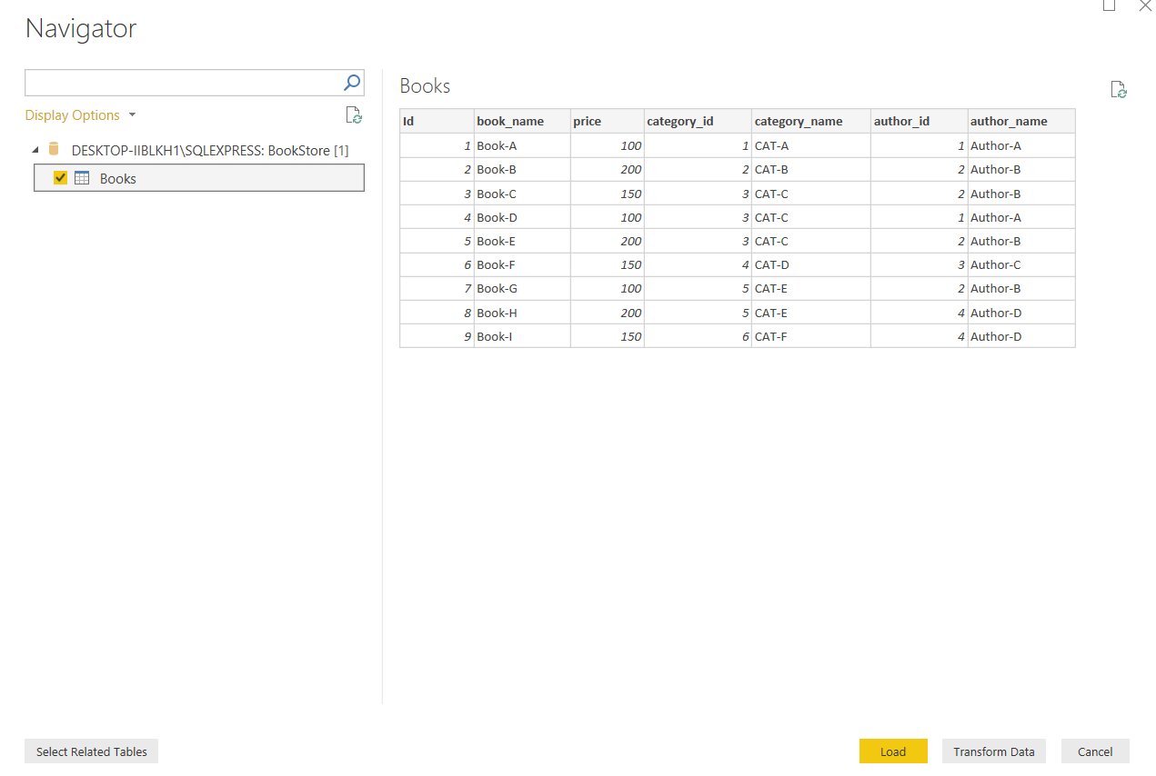 Power BI screen once books table is imported