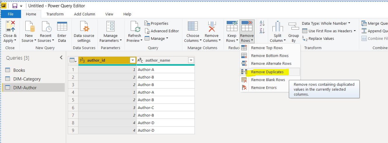 Removing duplicate columns from our query.
