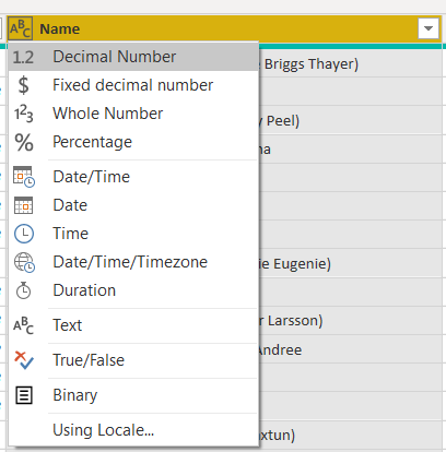 Reviewing column data types in query editor
