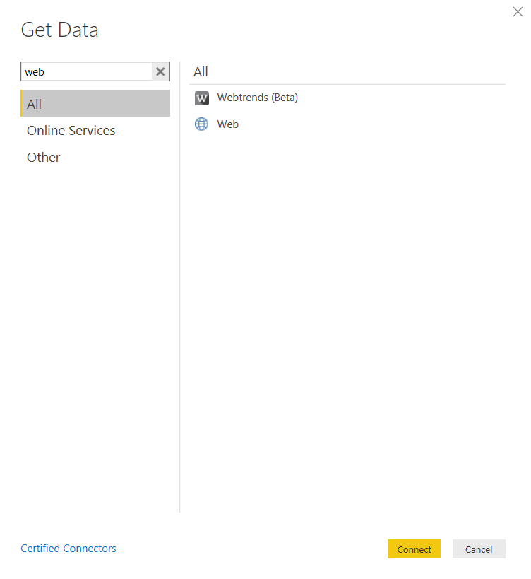 Screenshot of 'get data' screen when connecting to web data source