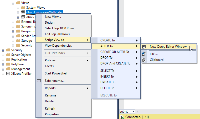 "Script view as" option from right-click context menu in Object Explorer in SQL Server Management Studio