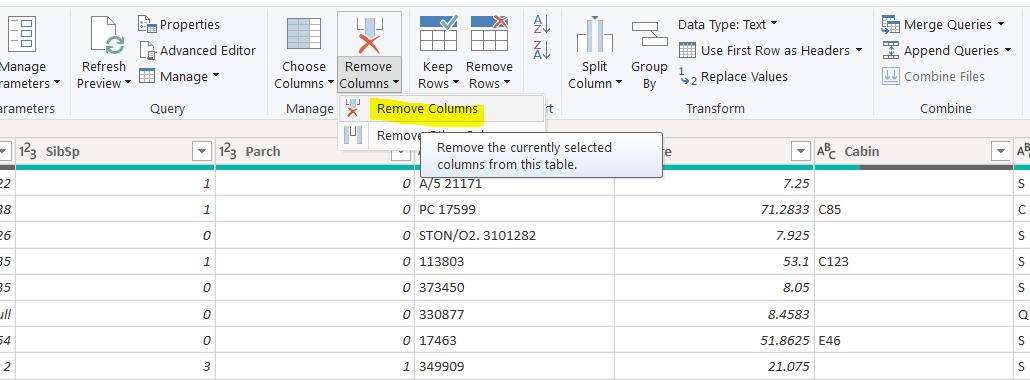 Selecting deletion for the columns manually selected previously.