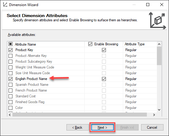 Selecting Dimension Attributes for DimProduct