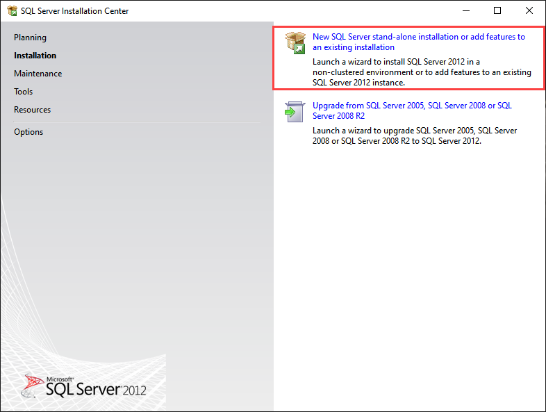 SQL Server 2012 express edition installation center