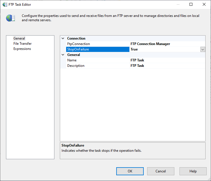 SSIS FTP Task editor - General tab page