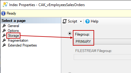Storage page of Index Properties window showing selected Filegroup