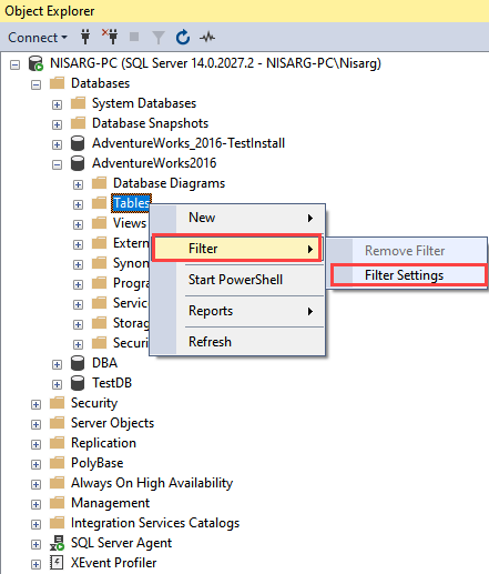 Table Filter in SSMS 2016