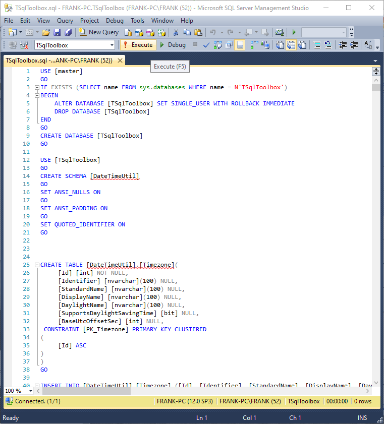 The first few lines of the TSqlToolbox.sql file. This script will build the T-SQL Toolbox database.