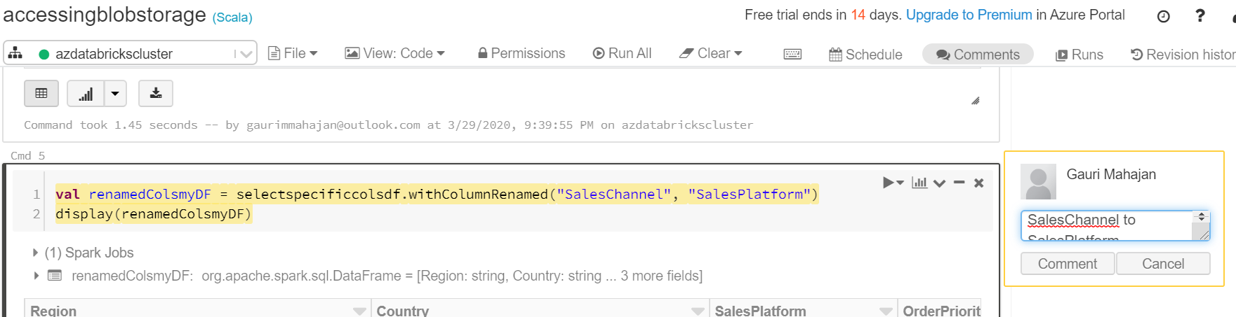 Commenting in the Scala notebook in Azure Databricks.