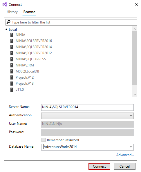 Connection information for the local SQL Server in the Connect dialog