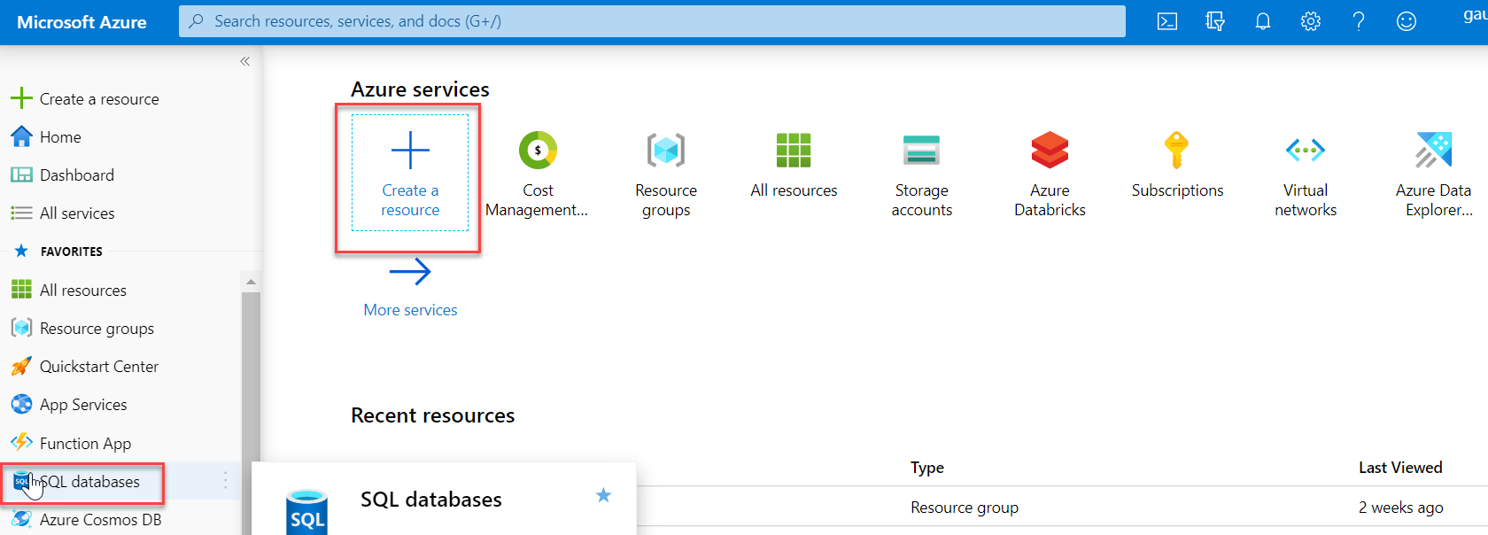 Create a SQL Database via Azure portal.