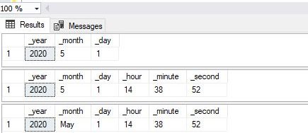 date & time functions - YEAR, MONTH, DAY, DATEPART, DATENAME
