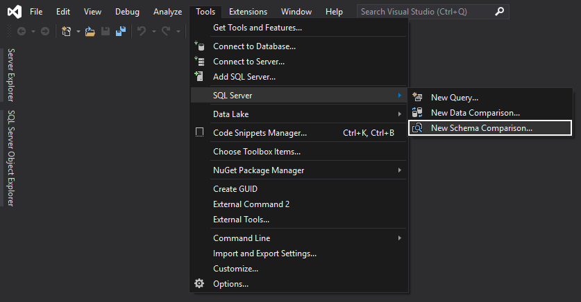 Initiating New Schema Comparison for two SQL databases from Visual Studio