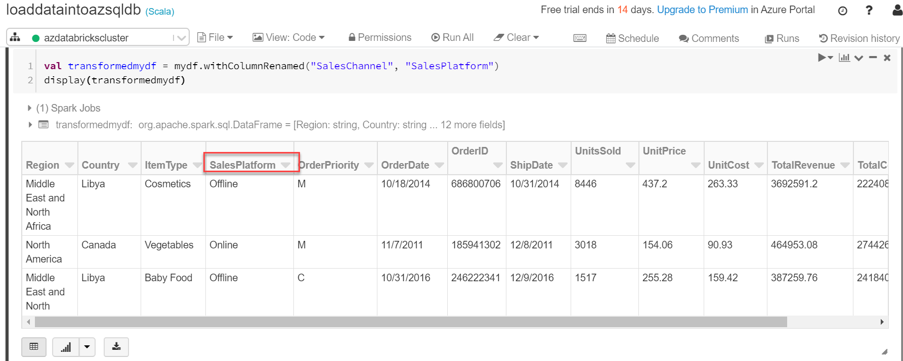 Loading data into SQL Database using Scala notebook from Databricks on Azure plaform 3/10